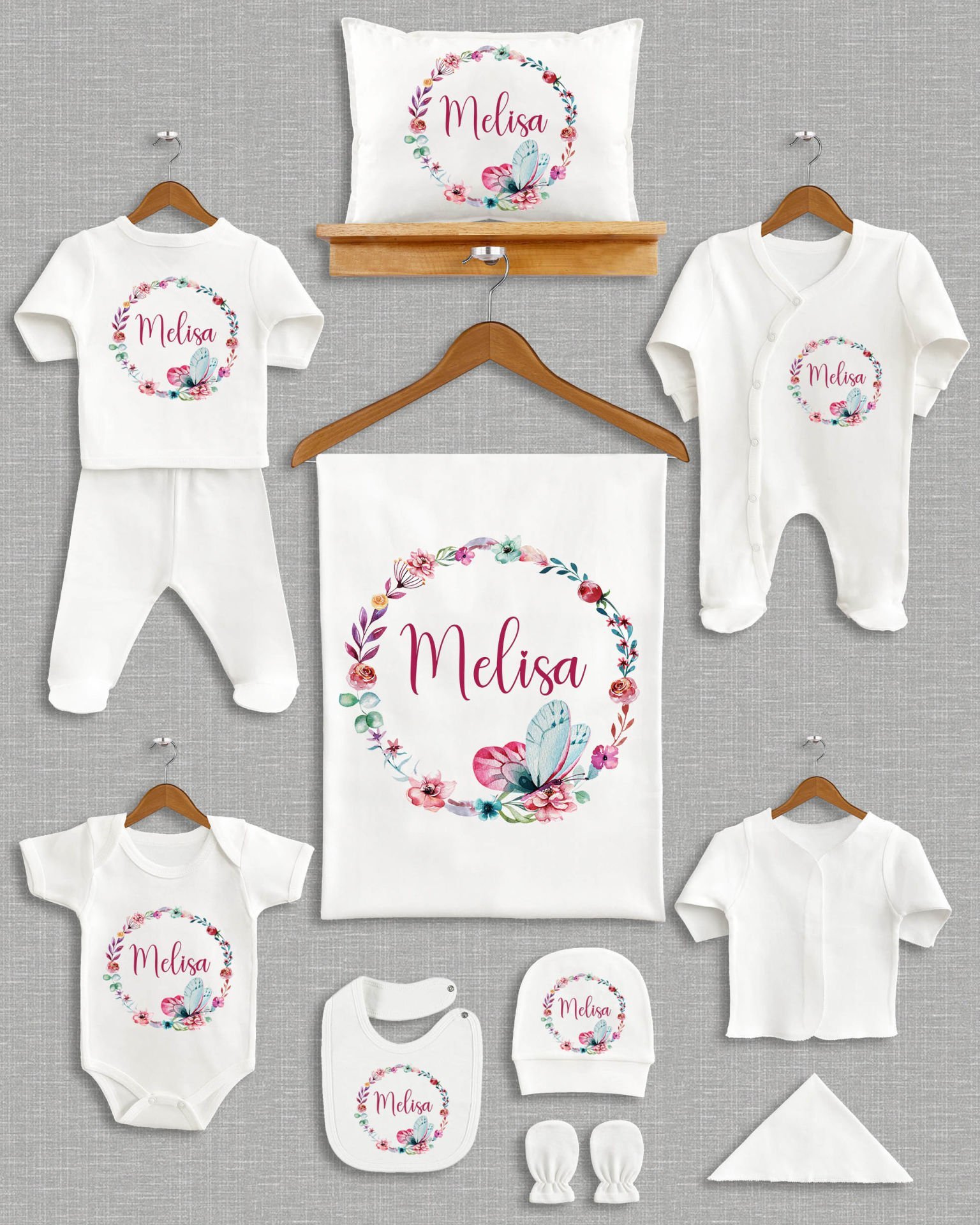 Kelebekli Çiçek Çelenk Tasarımı 11'li Organik İsme Özel Hastane Çıkışı