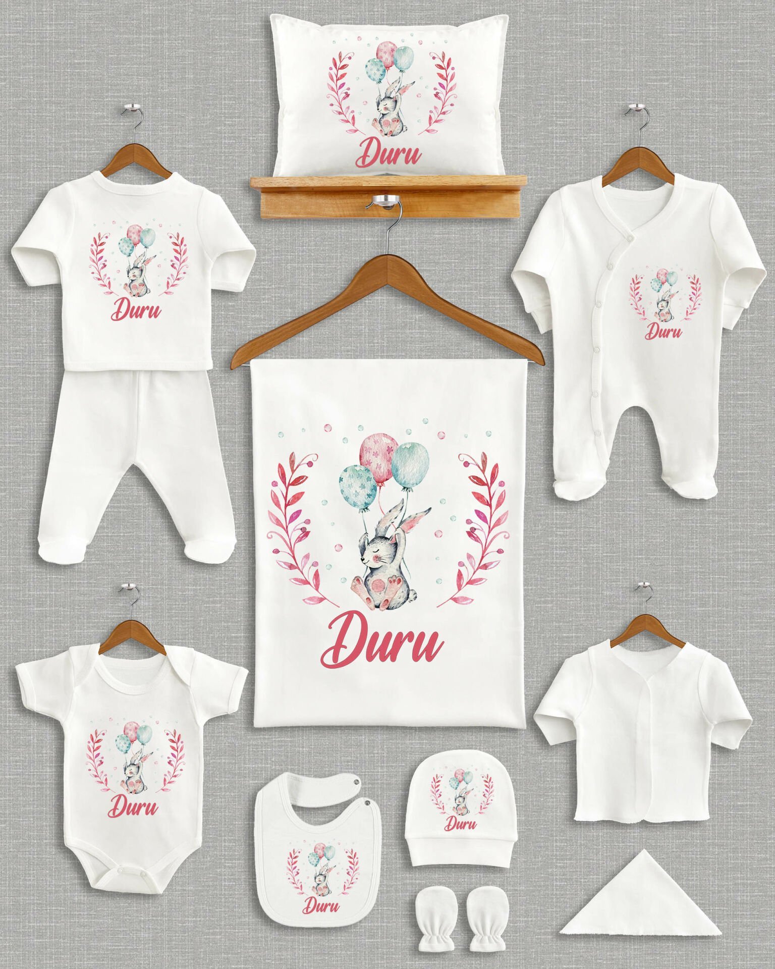 Balon Tutan Sevimli Tavşan Tasarımı 11'li Organik İsme Özel Hastane Çıkışı