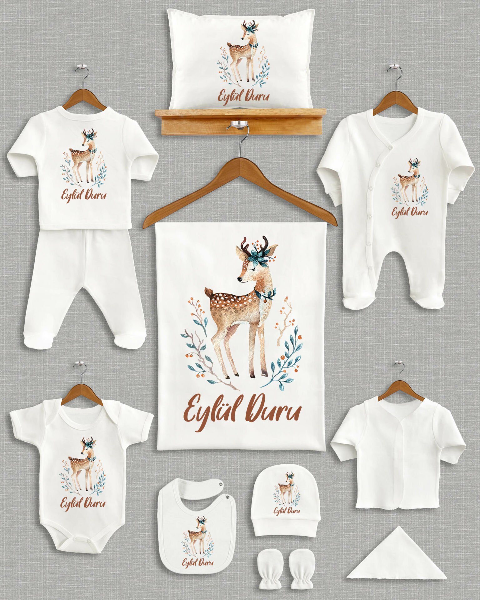 Sevimli Geyik Tasarımı 11'li Organik İsme Özel Hastane Çıkışı