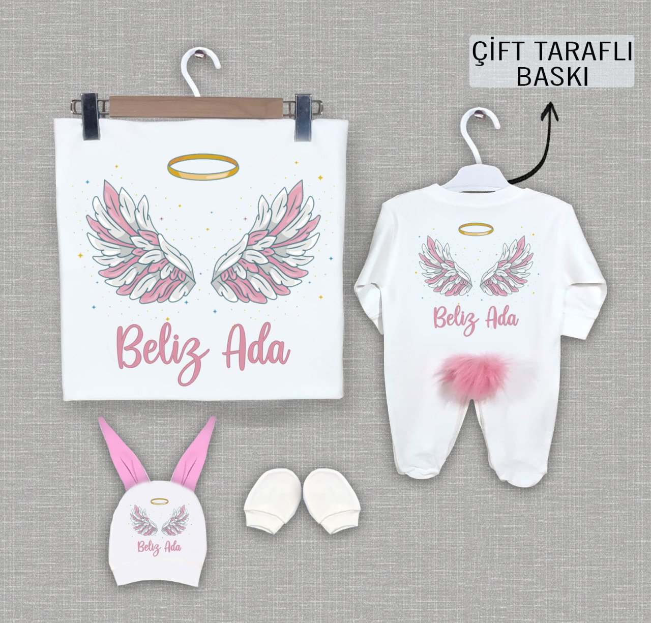 Melek Kanadı Tasarımı Ponponlu Tavşan Kulaklı 4'lü Organik Hastane Çıkışı
