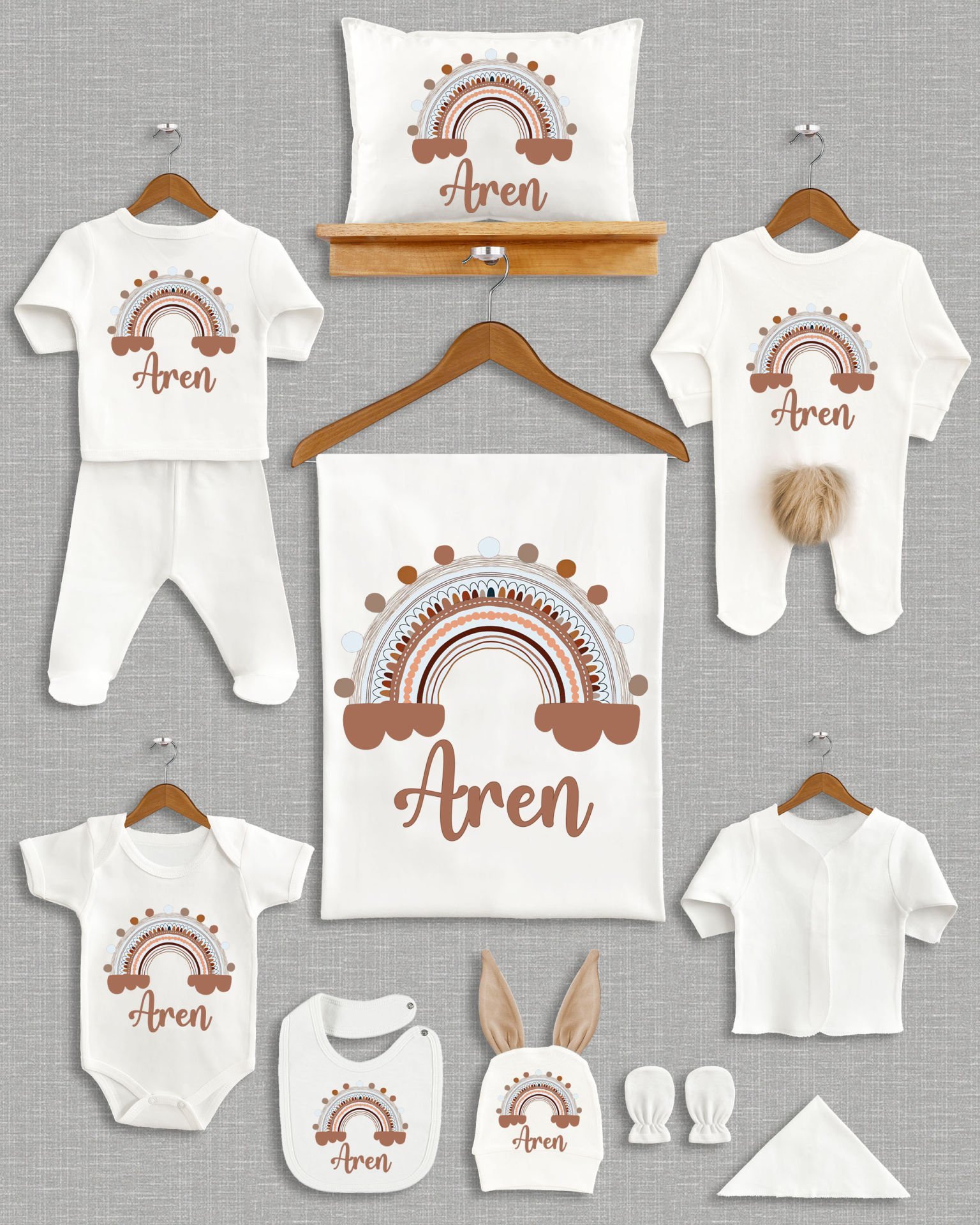 Gökkuşağı Tasarımı Kahverengi Ponponlu Tavşan Kulaklı 11'li Organik Hastane Çıkışı