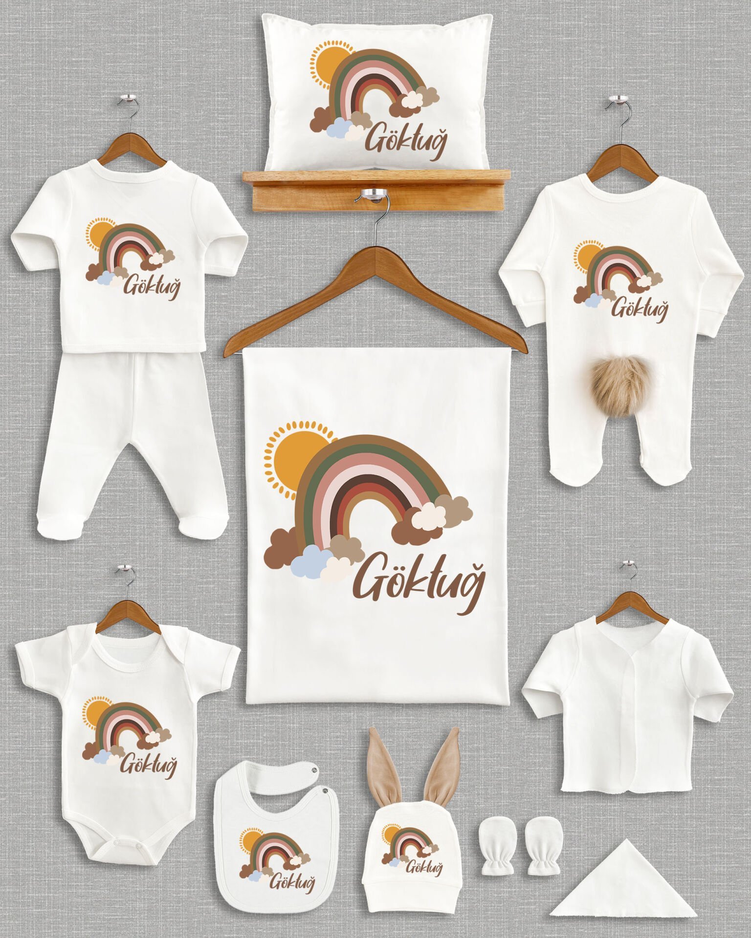 Güneşli Gökkuşağı Tasarımı Kahverengi Ponponlu Tavşan Kulaklı 11'li Organik Hastane Çıkışı