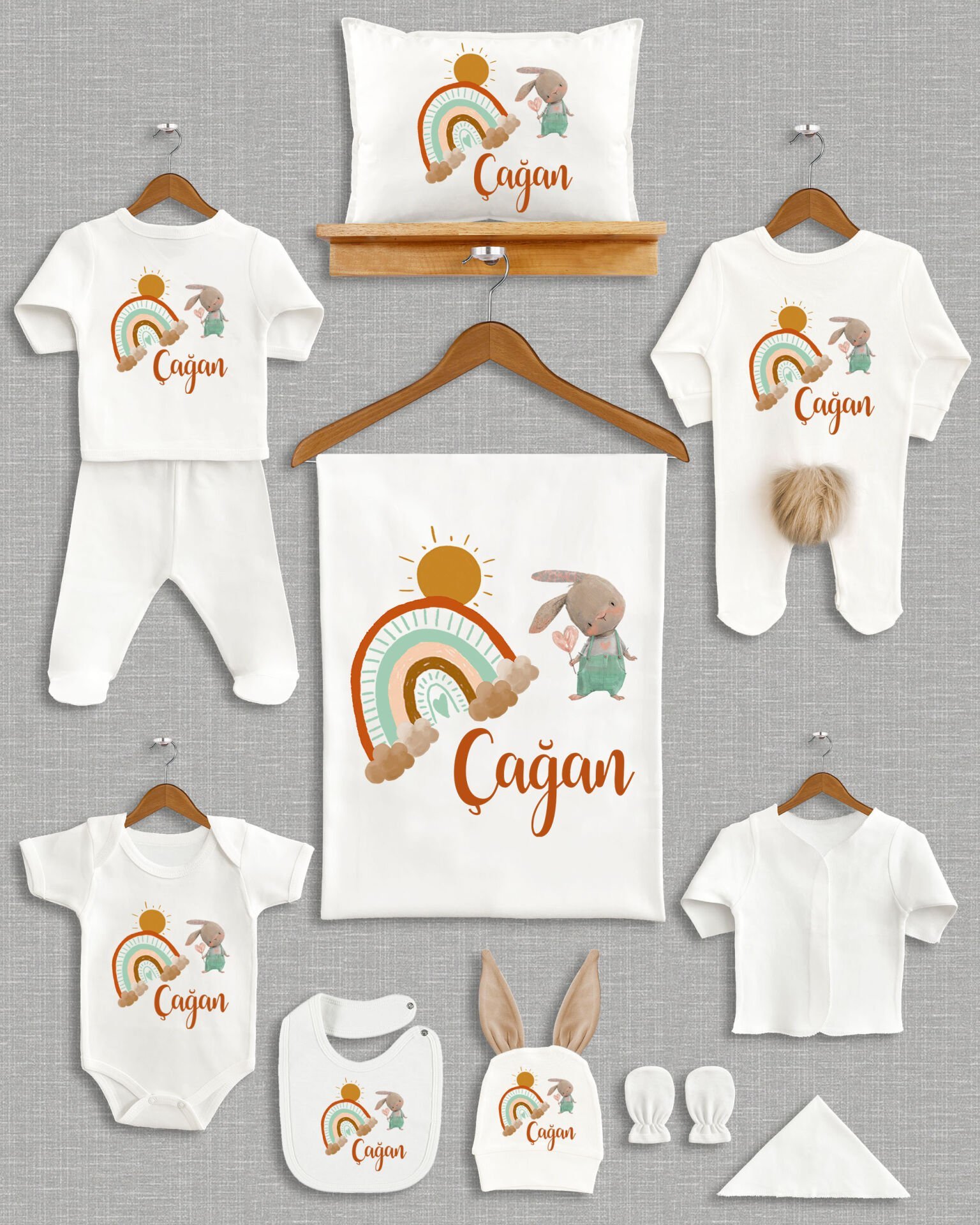 Tavşanlı Gökkuşağı Tasarımı Kahverengi Ponponlu Tavşan Kulaklı 11'li Organik Hastane Çıkışı