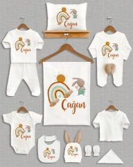 Tavşanlı Gökkuşağı Tasarımı Kahverengi Ponponlu Tavşan Kulaklı 11'li Organik Hastane Çıkışı