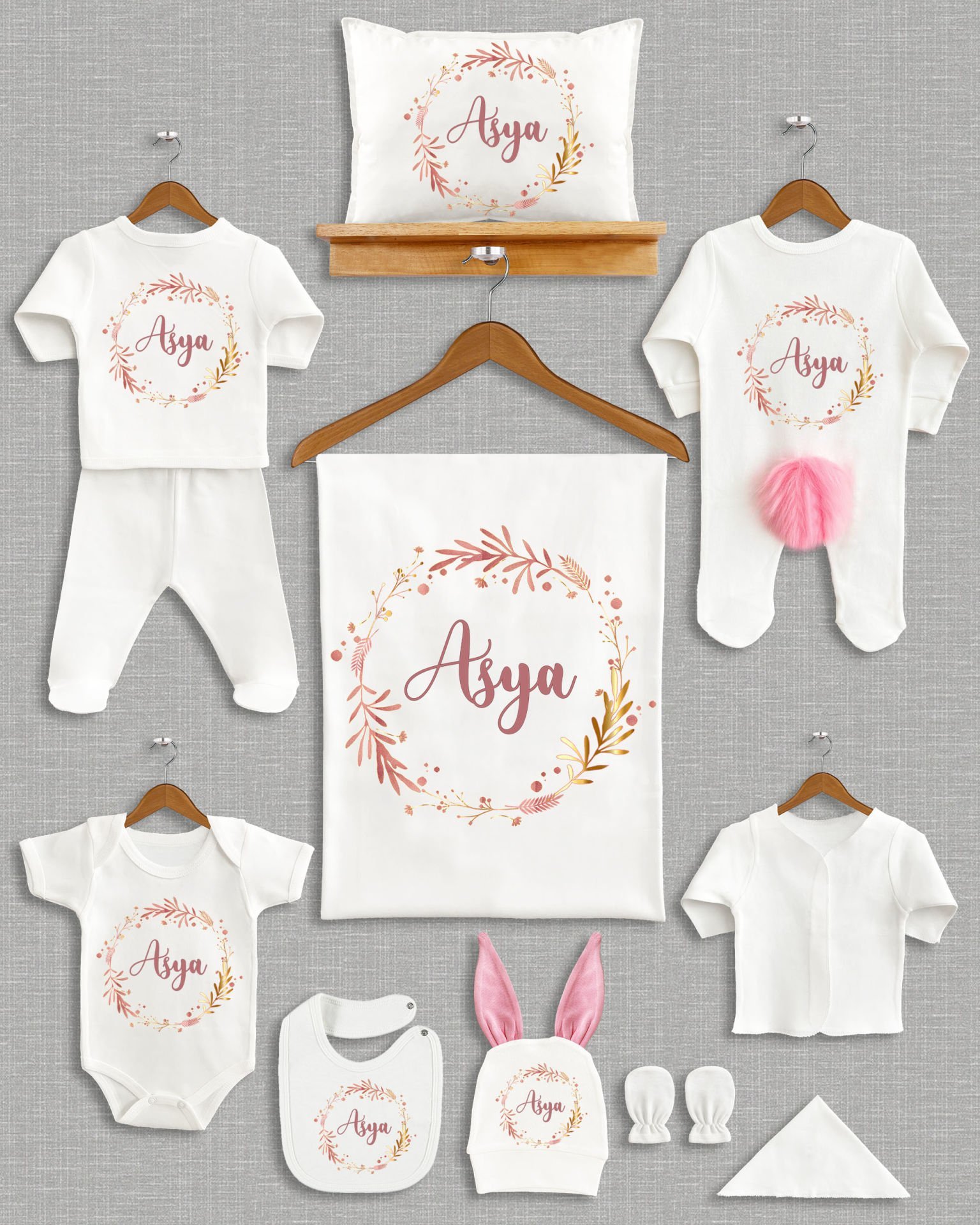 Pastel Çelenk Tasarımı Ponponlu Tavşan Kulaklı 11'li Organik Hastane Çıkışı