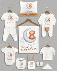 Ay Üstünde Sevimli Ayıcık Tasarımı Kahverengi Ponponlu Tavşan Kulaklı 11'li Organik Hastane Çıkışı