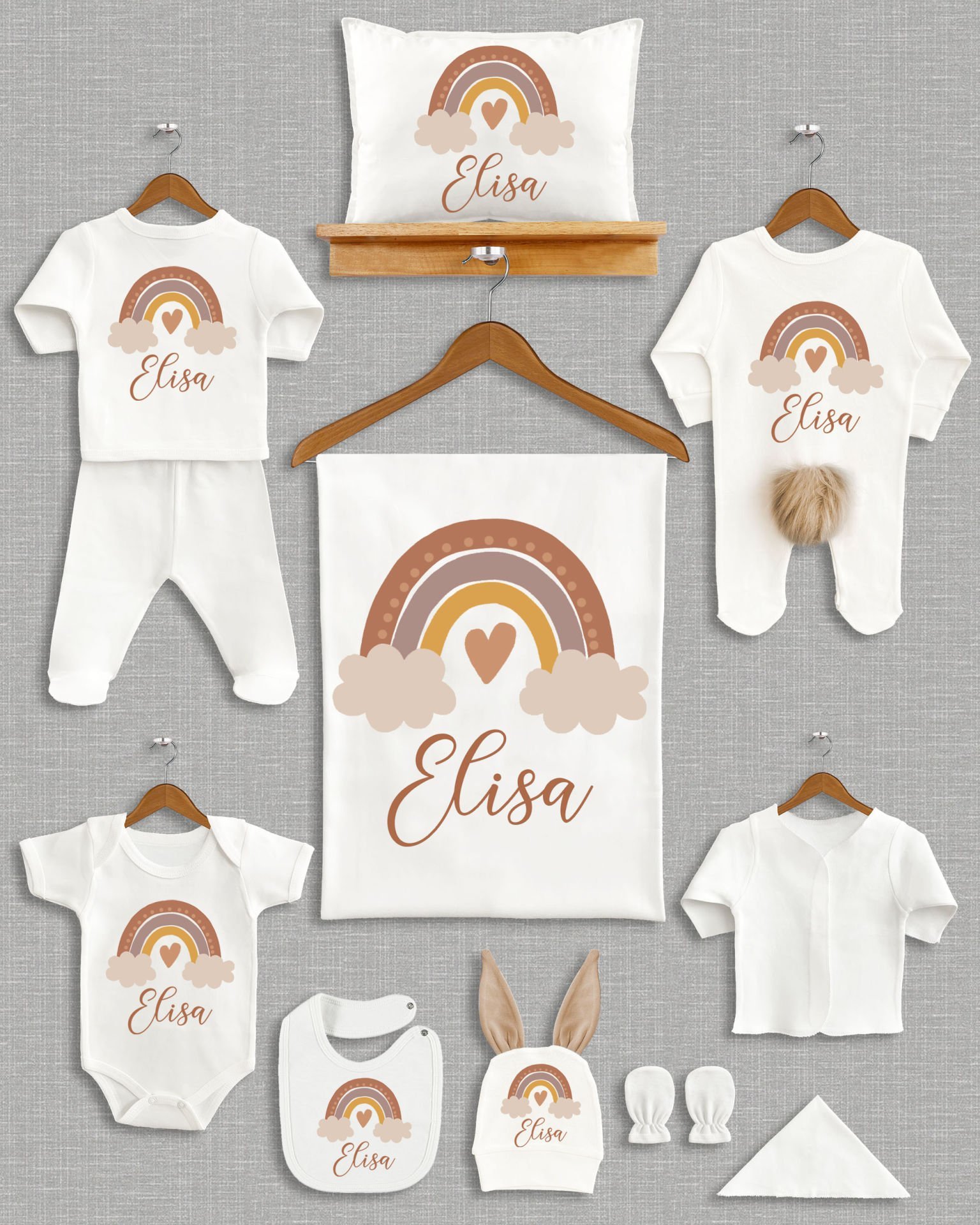 Gökkuşağı Tasarımı Kahverengi Ponponlu Tavşan Kulaklı 11'li Organik Hastane Çıkışı