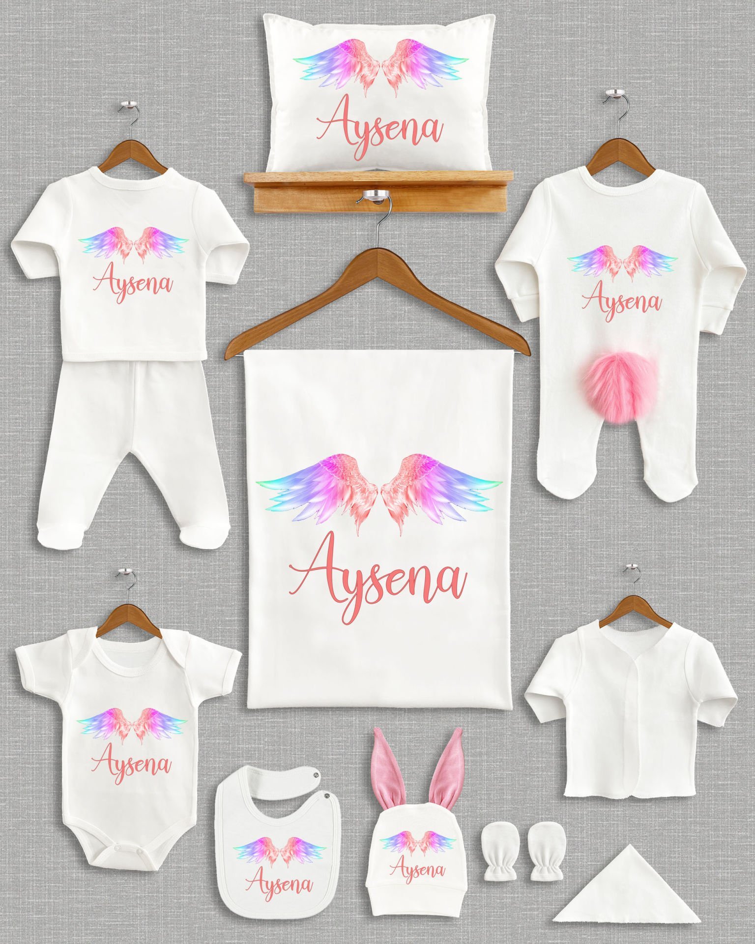 Renkli Melek Kanadı Tasarımı Ponponlu Tavşan Kulaklı 11'li Organik Hastane Çıkışı