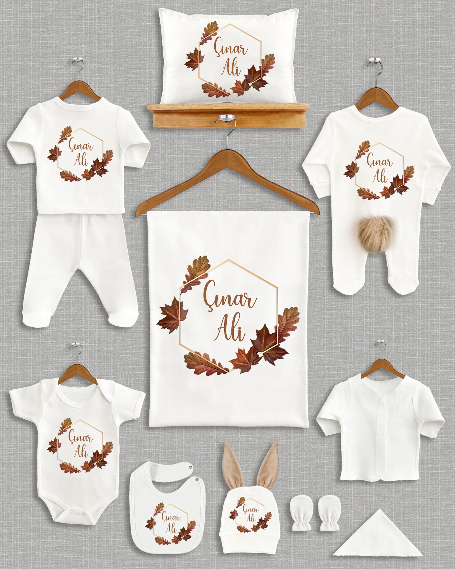 Yaprak Tasarımı Kahverengi Ponponlu Tavşan Kulaklı 11'li Organik Hastane Çıkışı