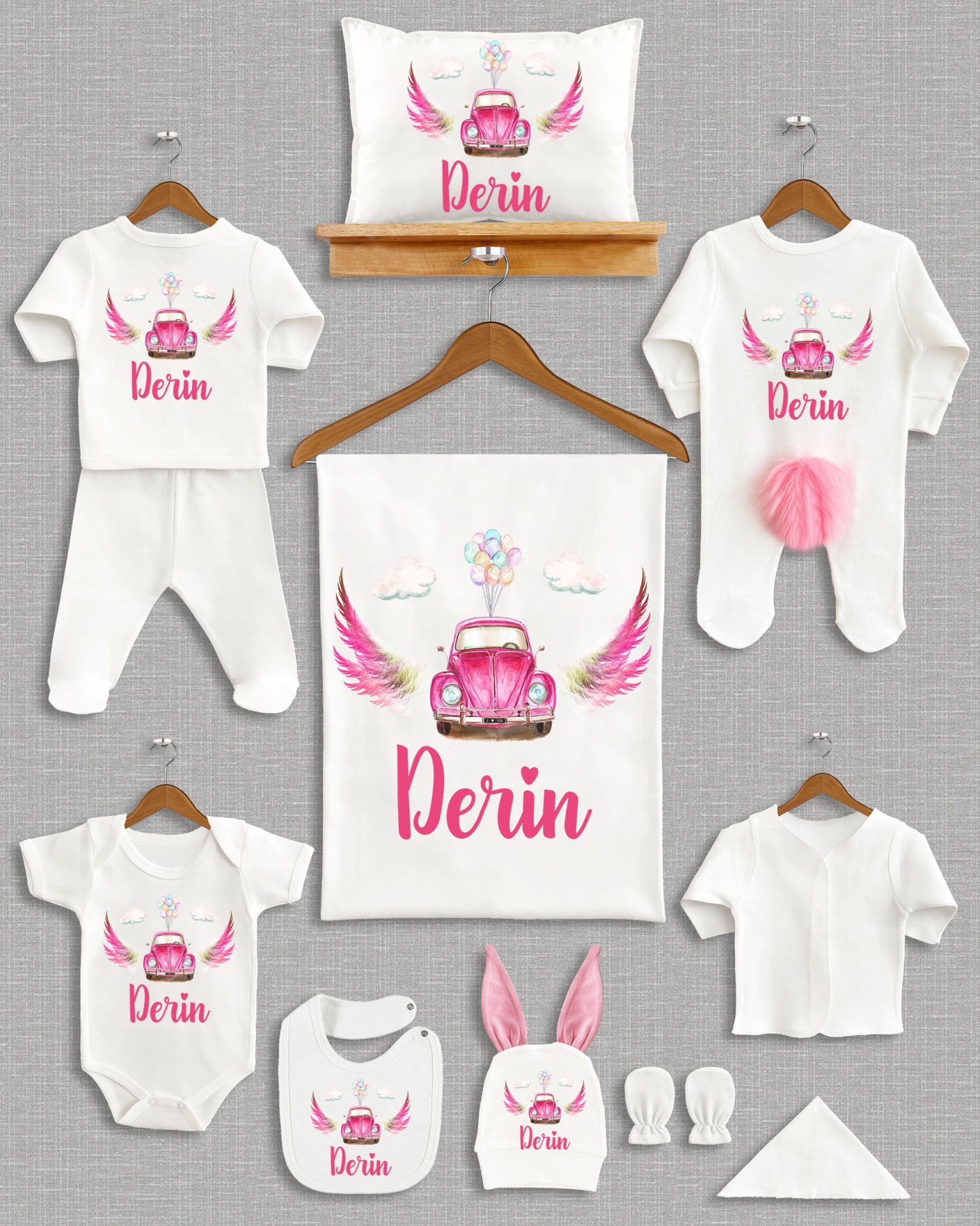 Pembe Vosvos Kanat Tasarımı Ponponlu Tavşan Kulaklı 11'li Organik Hastane Çıkışı