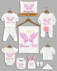 Pembe Melek Kanadı Tasarımı Ponponlu Tavşan Kulaklı 11'li Organik Hastane Çıkışı