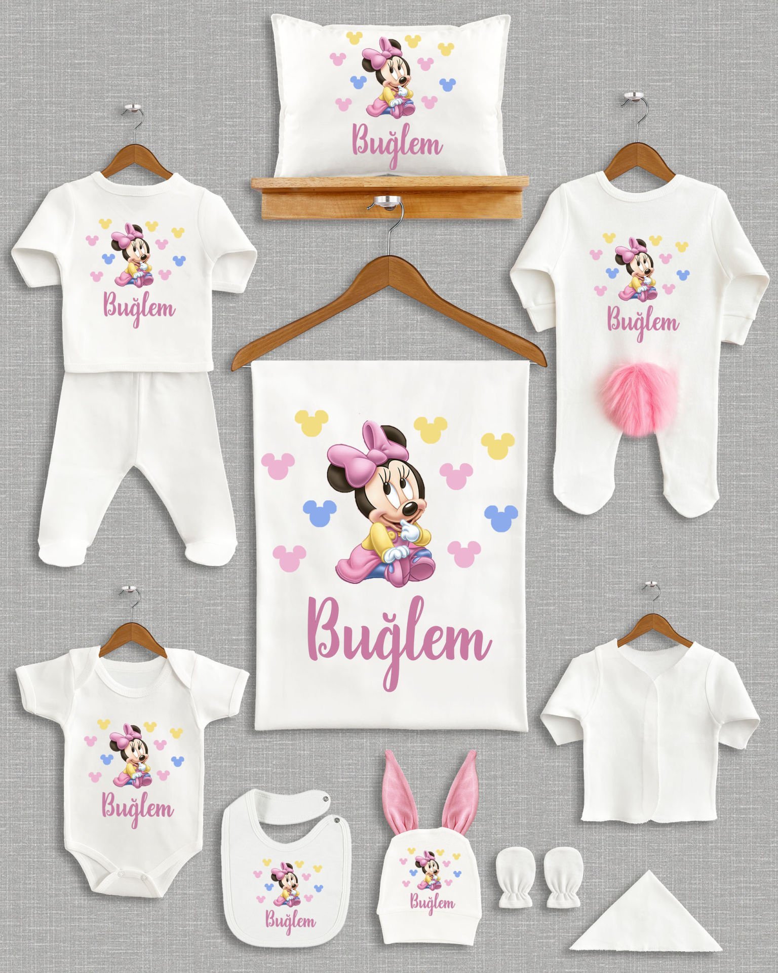 Mickey Mouse Tasarımı Ponponlu Tavşan Kulaklı 11'li Organik Hastane Çıkışı