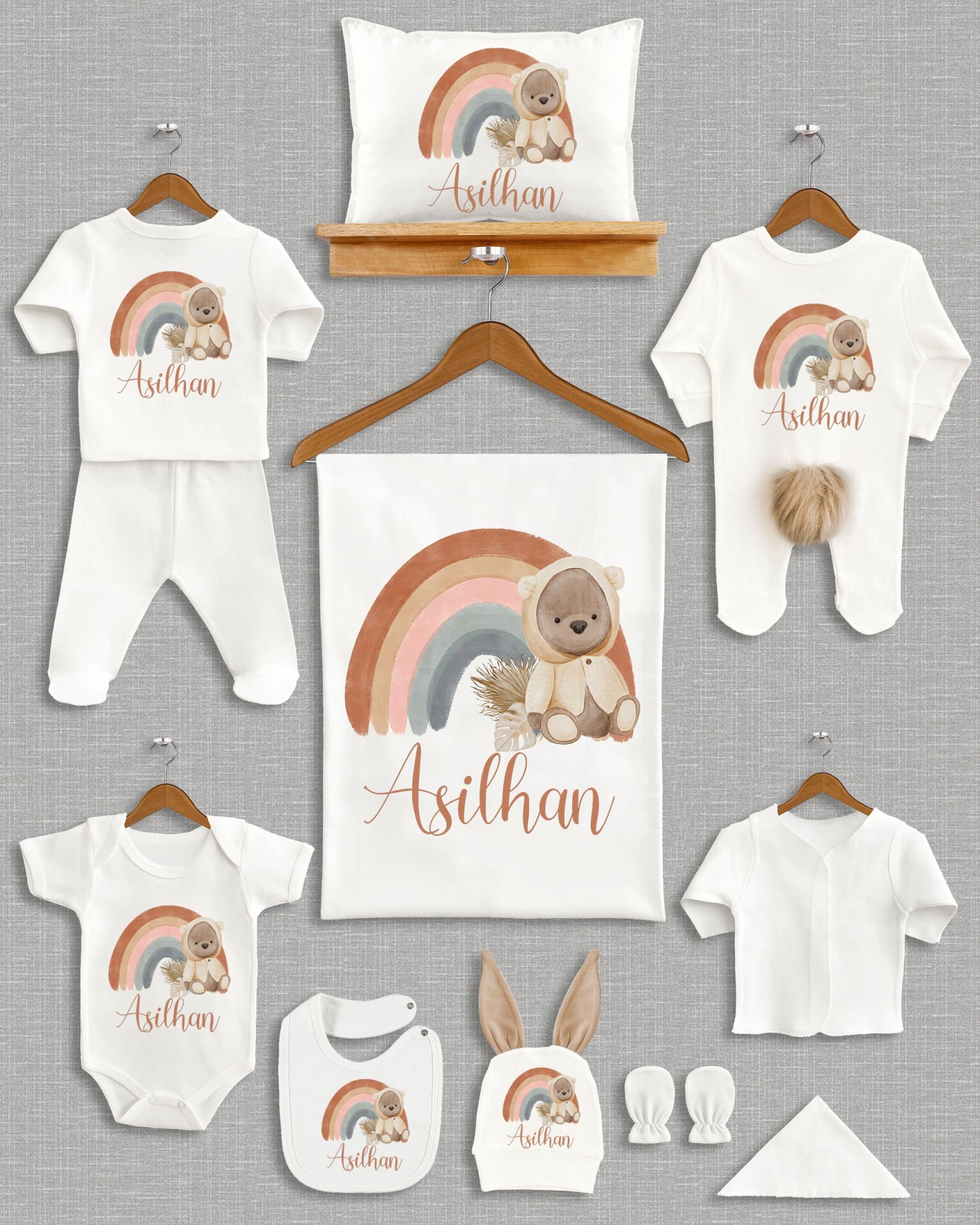 Ayıcıklı Gökkuşağı Tasarımı Kahverengi Ponponlu Tavşan Kulaklı 11'li Organik Hastane Çıkışı