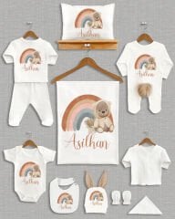 Ayıcıklı Gökkuşağı Tasarımı Kahverengi Ponponlu Tavşan Kulaklı 11'li Organik Hastane Çıkışı