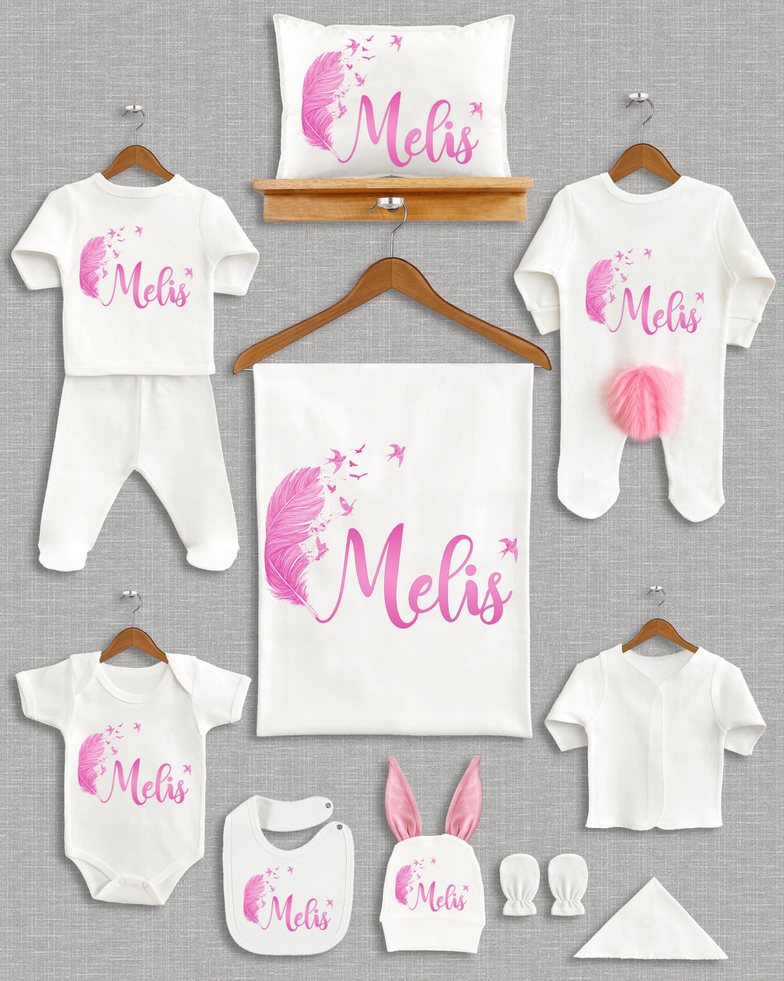 Pembe Tüy Modeli Ponponlu Tavşan Kulaklı 11'li Organik Hastane Çıkışı