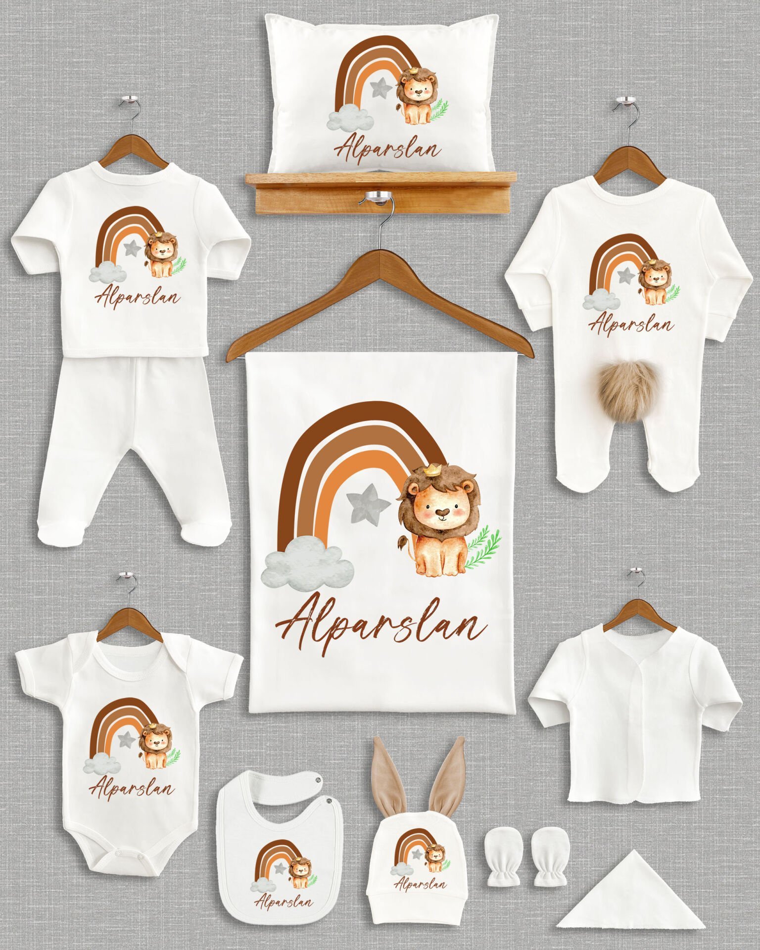 Gökkuşağında Aslan Tasarımı Kahverengi Ponponlu Tavşan Kulaklı 11'li Organik Hastane Çıkışı