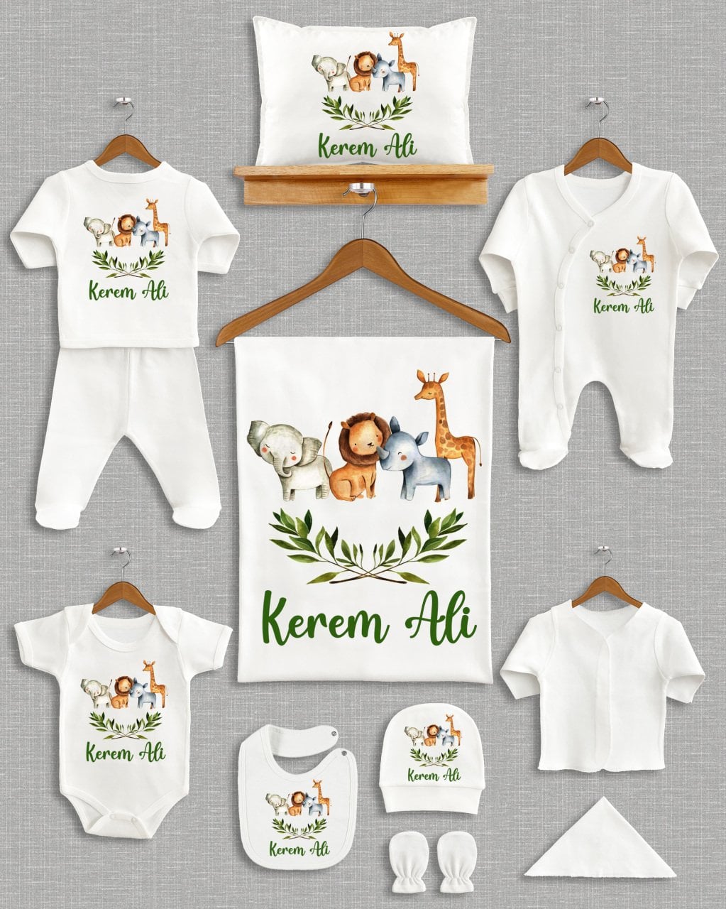 Yeşil Yapraklı Sevimli Hayvanlar Tasarımı 11'li Organik  Hastane Çıkışı