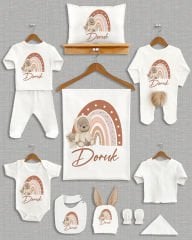 Gökkuşağında Ayıcık Tasarımı Kahverengi Ponponlu Tavşan Kulaklı 11'li Organik Hastane Çıkışı