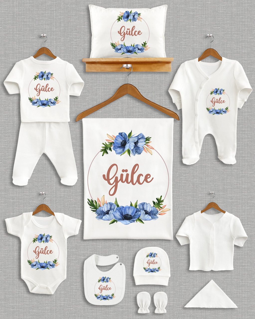 Mavi Çiçek Desenli 11'li Organik  Hastane Çıkışı