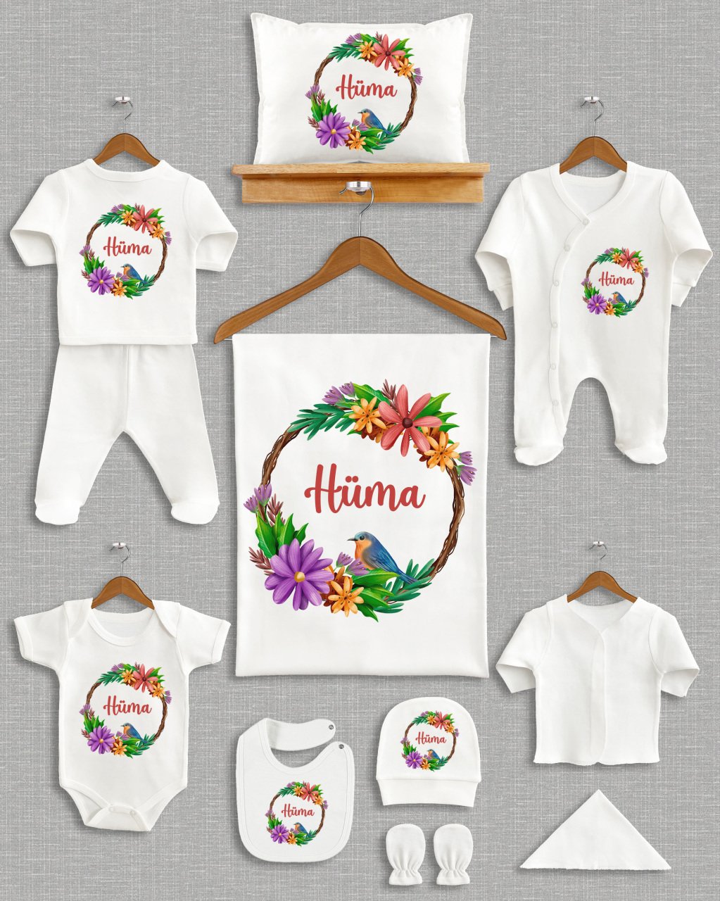 Çiçekli Kuş Desenli 11'li Organik  Hastane Çıkışı