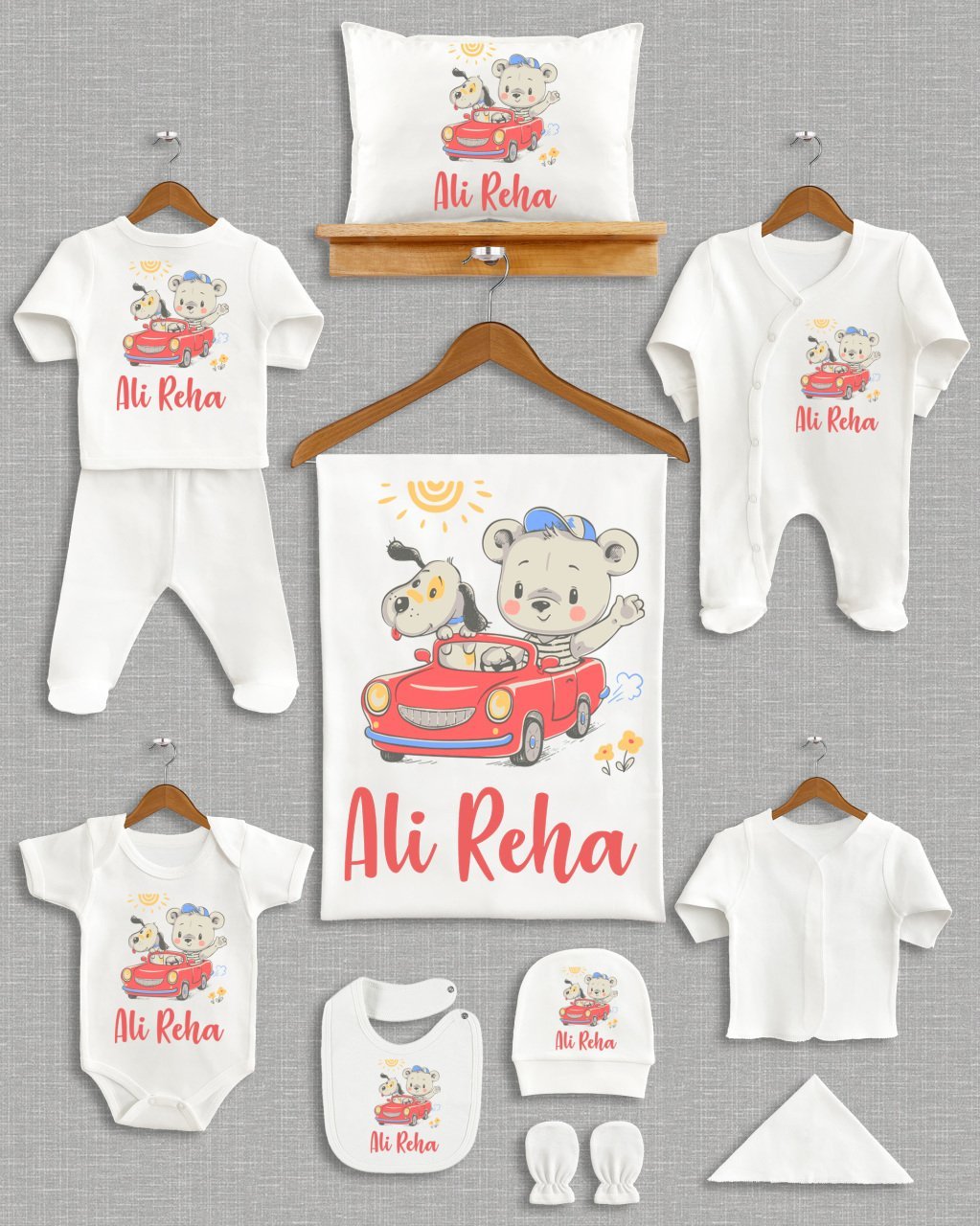 Kırmızı Arabalı Sevimli Köpek ve Ayıcık Tasarımı 11'li Organik Hastane Çıkışı