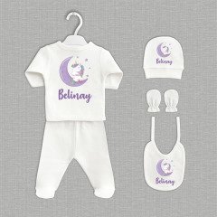 Mor Ay Üzerinde Sevimli Unicorn Tasarımı 5'li Organik Hastane Çıkışı