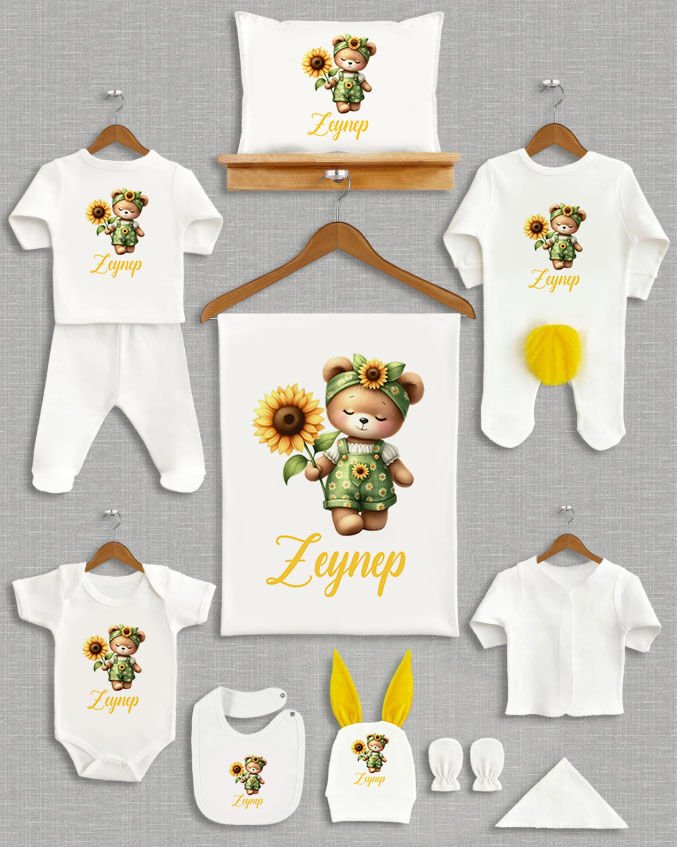 Çiçekli Ayıcık Tasarımı Sarı Ponponlu Tavşan Kulaklı 11'li Organik Hastane Çıkışı