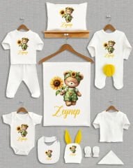 Çiçekli Ayıcık Tasarımı Sarı Ponponlu Tavşan Kulaklı 11'li Organik Hastane Çıkışı