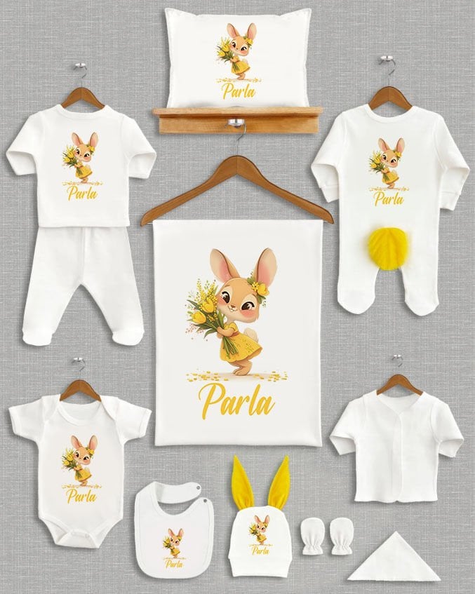 Sevimli Tavşan Tasarımı Sarı Ponponlu Tavşan Kulaklı 11'li Organik Hastane Çıkışı