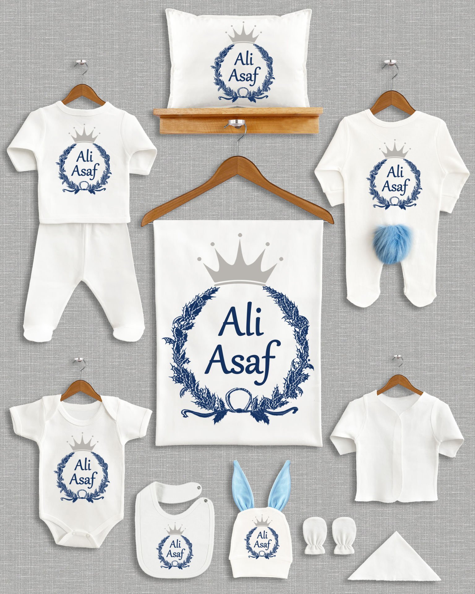 Koyu Mavi Çelenk Taç Tasarımı Ponponlu Tavşan Kulaklı 11'li Organik Hastane Çıkışı