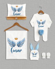 Mavili Melek Kanadı Tasarımı 5'li Ponponlu Organik Hastane Çıkışı