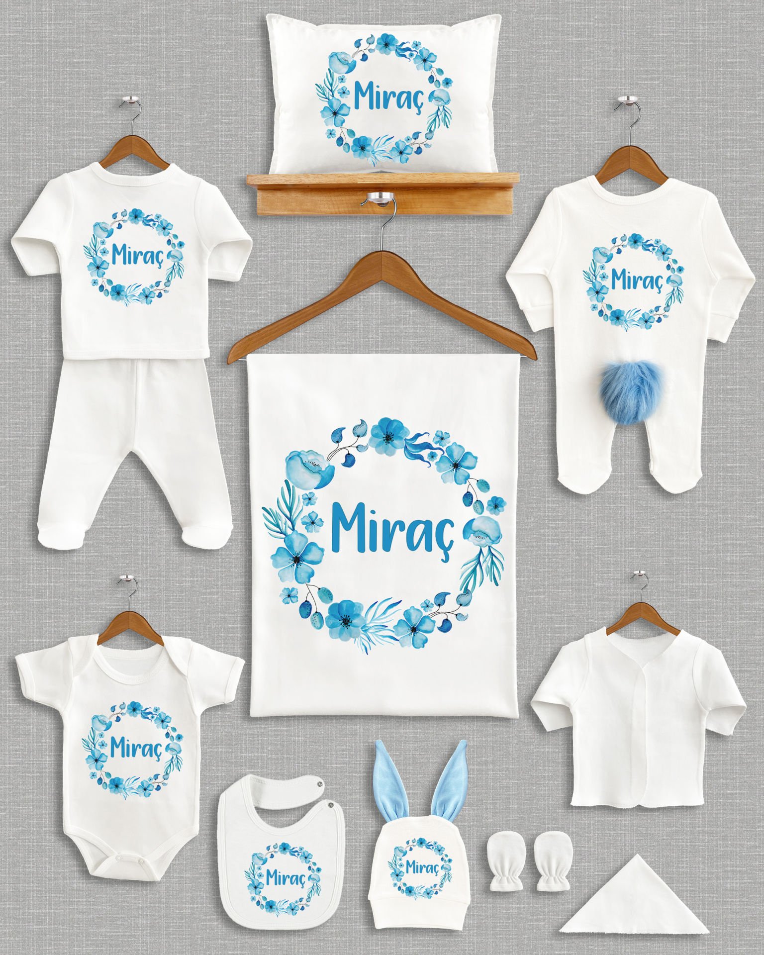 Mavi Çiçek Tasarımı Ponponlu Tavşan Kulaklı 11'li Organik Hastane Çıkışı