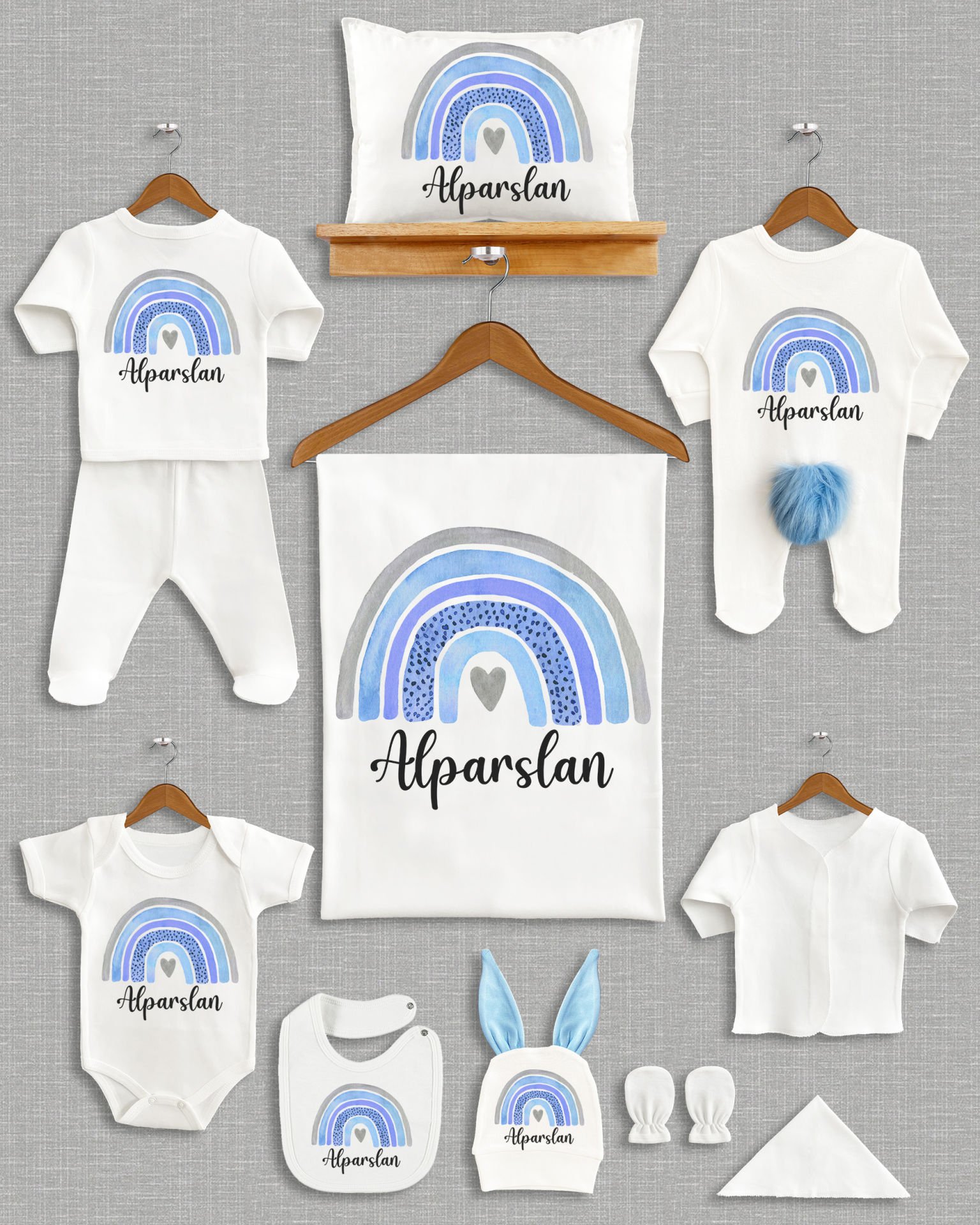 Mavi Gökkuşağı Tasarımı Ponponlu Tavşan Kulaklı 11'li Organik Hastane Çıkışı