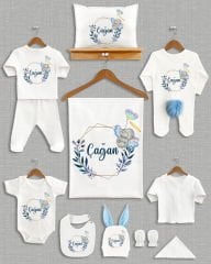 Mavi Çelenkli Kalpli Balon Tutan Fil Tasarımı Ponponlu Tavşan Kulaklı 11'li Organik Hastane Çıkışı