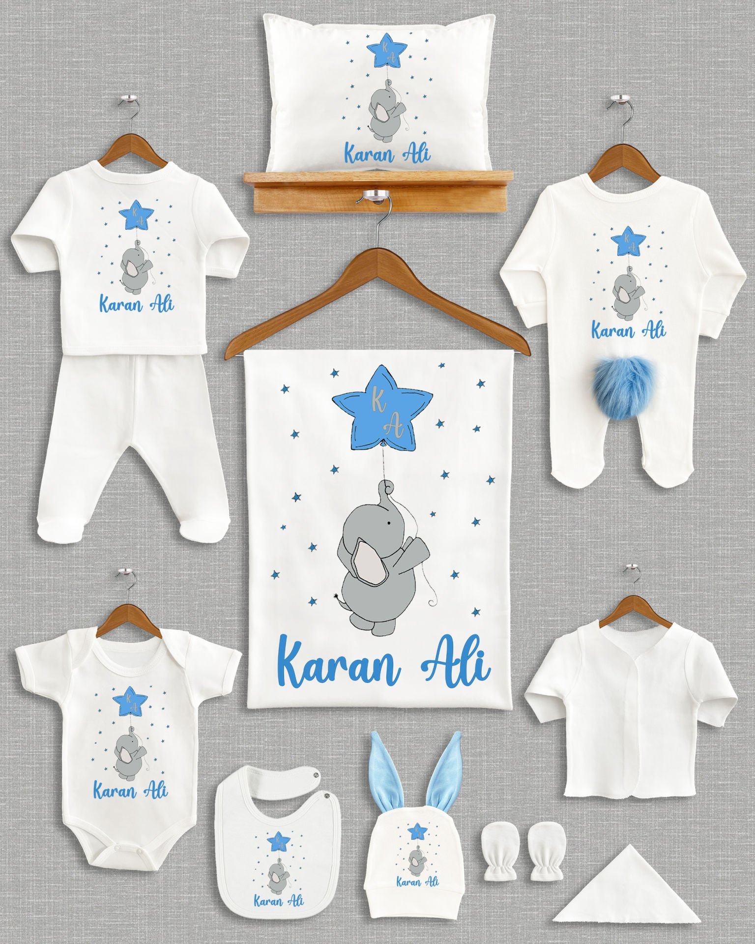 Mavi Yıldız Tutan Fil Tasarımı Ponponlu Tavşan Kulaklı 11'li Organik Hastane Çıkışı