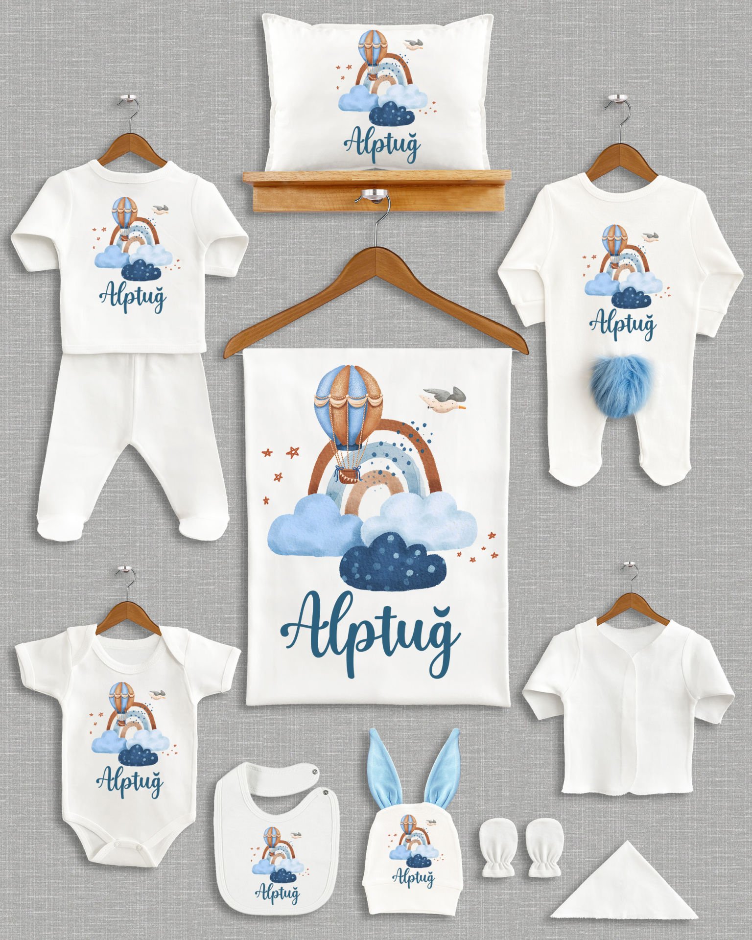 Uçan Balon Bulut Tasarımı Ponponlu Tavşan Kulaklı 11'li Organik Hastane Çıkışı