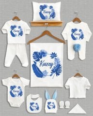 Koyu Mavi Yapraklı Çelenk Tasarımı Ponponlu Tavşan Kulaklı 11'li Organik Hastane Çıkışı