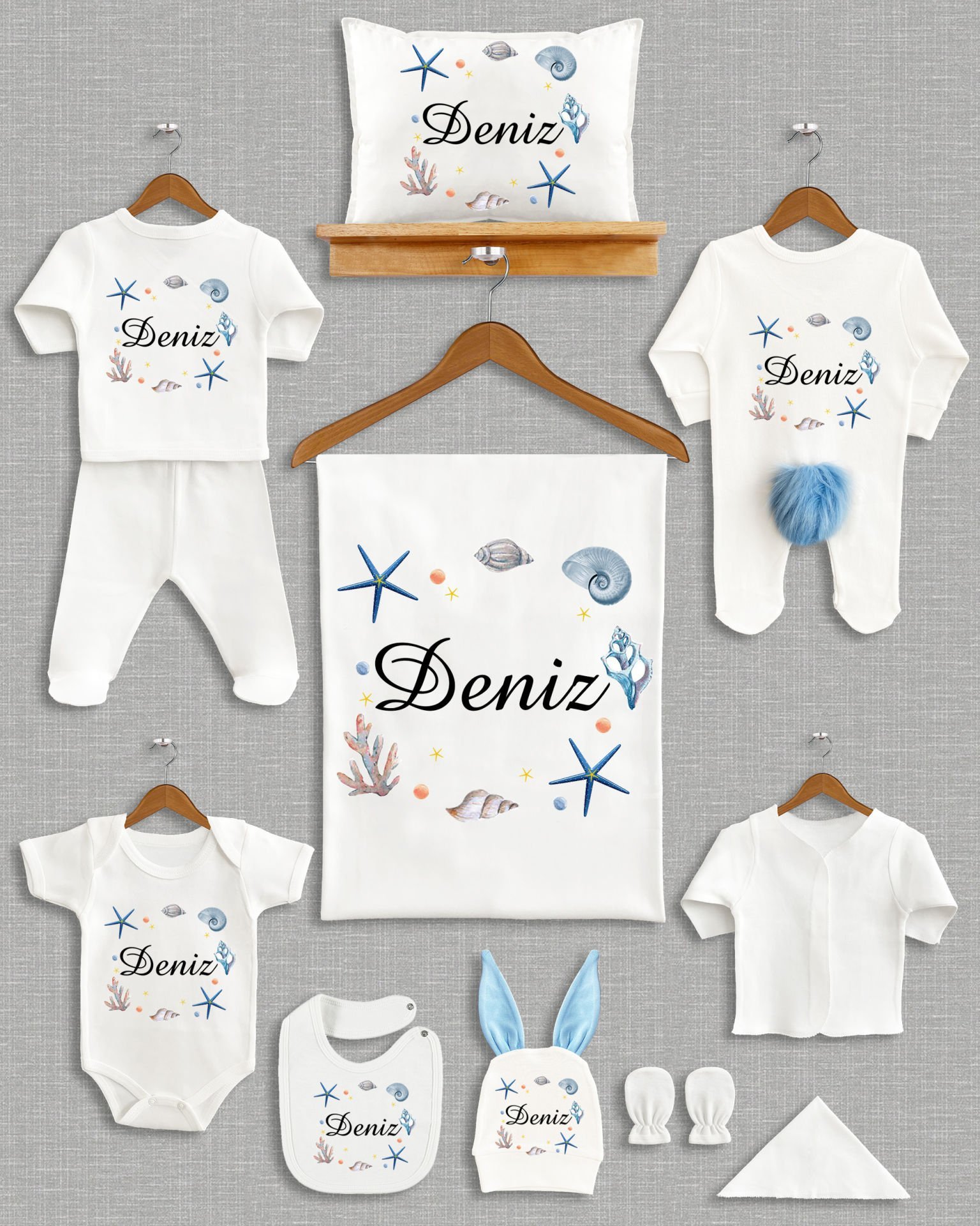 Deniz Kabuğu Temalı Ponponlu Tavşan Kulaklı 11'li Organik Hastane Çıkışı