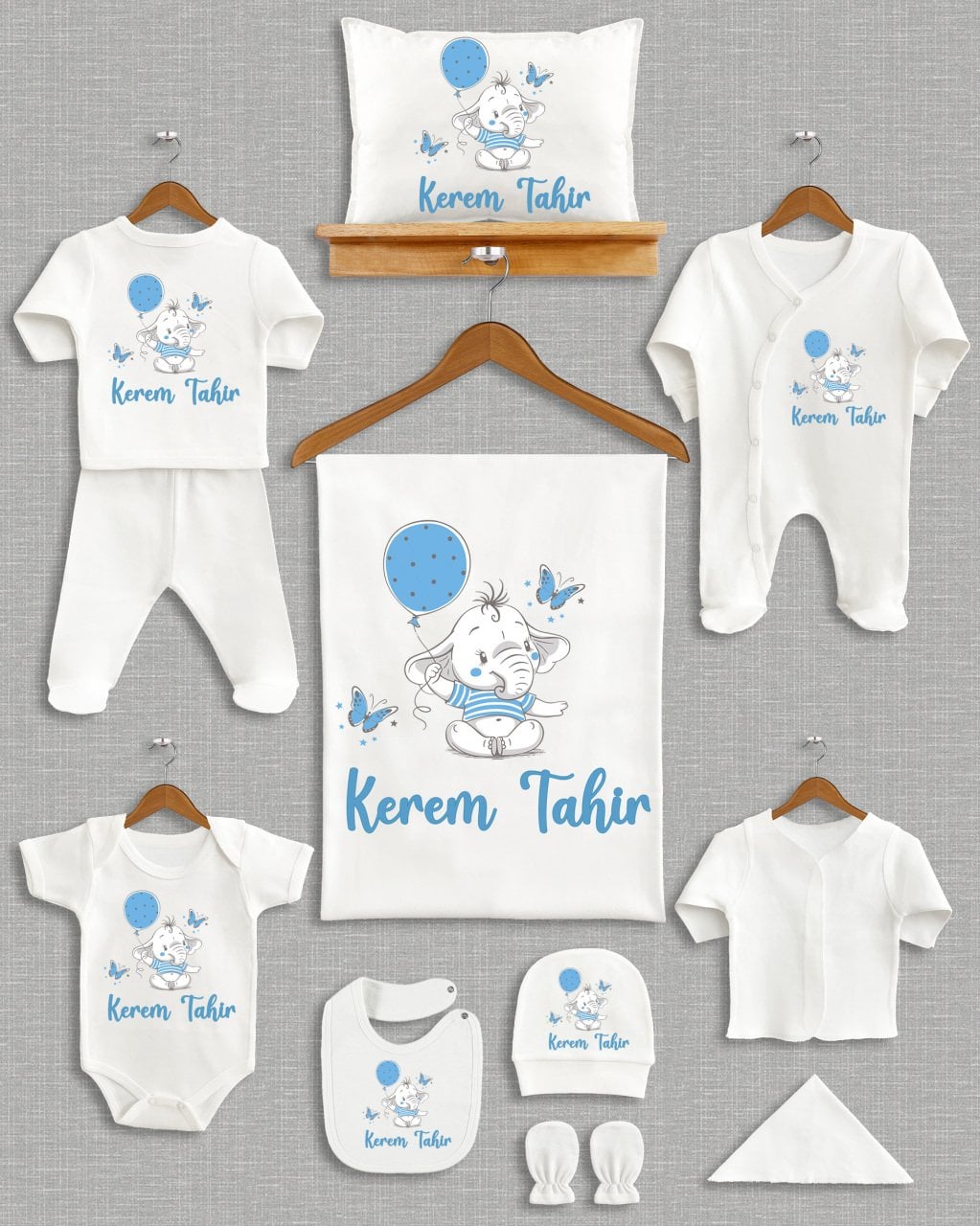 Mavi Balon Tutan Sevimli Fil Tasarımı 11'li Organik  Hastane Çıkışı