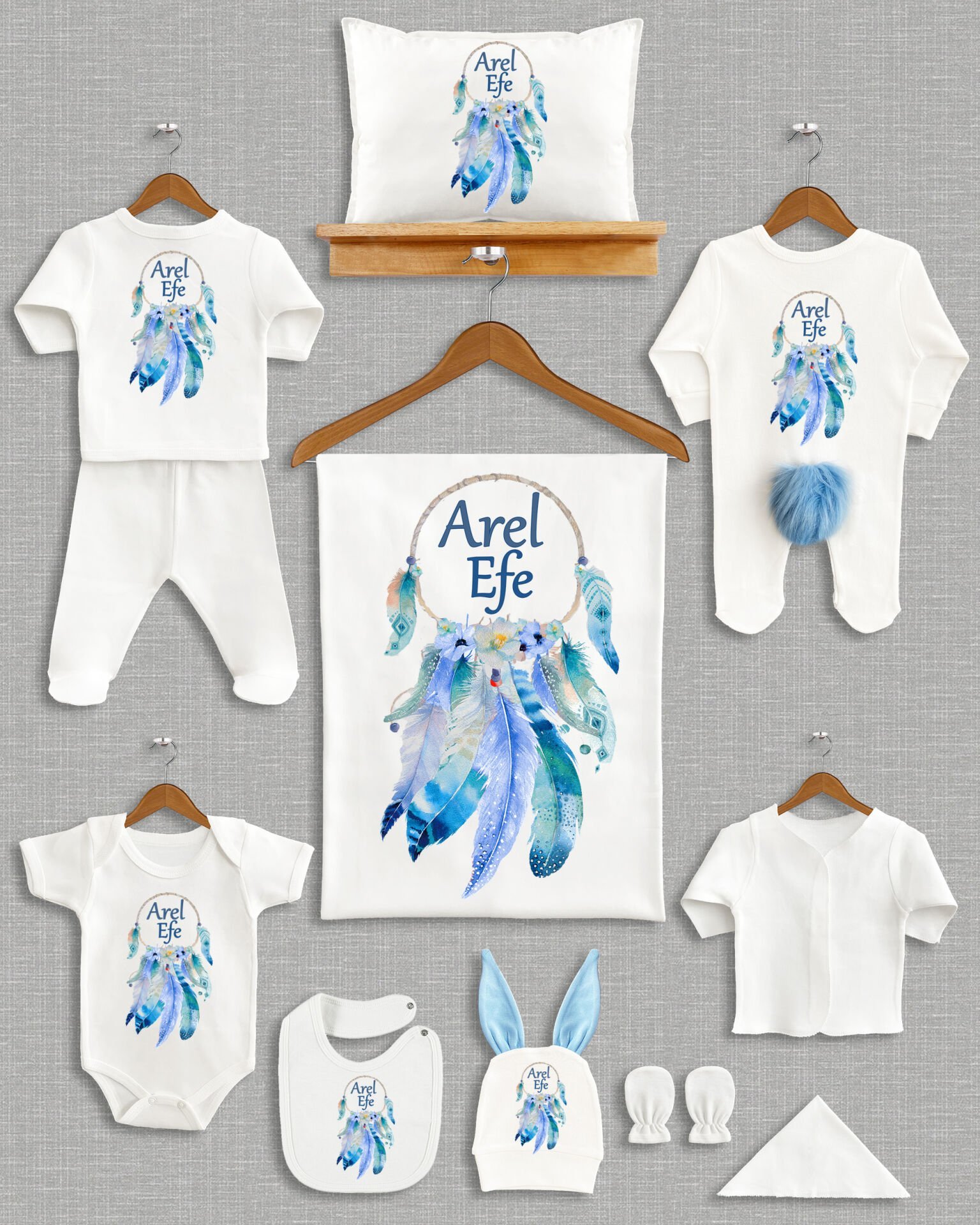 Mavi Düş Kapanı Tasarımı Ponponlu Tavşan Kulaklı 11'li Organik Hastane Çıkışı