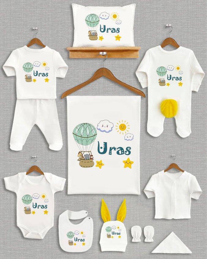 Uçan Balon Tasarımı Sarı Ponponlu Tavşan Kulaklı 11'li Organik Hastane Çıkışı