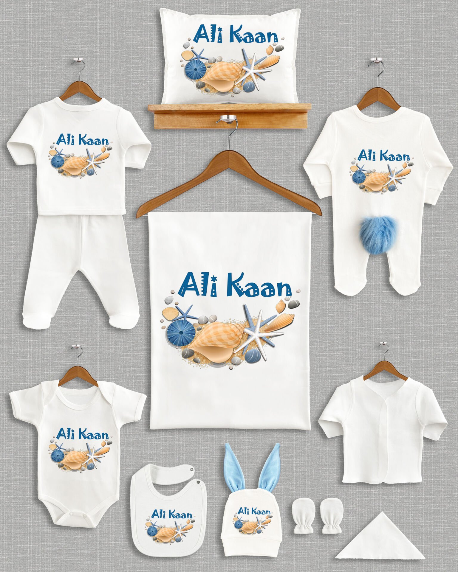 Deniz Kabuğu Temalı Ponponlu Tavşan Kulaklı 11'li Organik Hastane Çıkışı