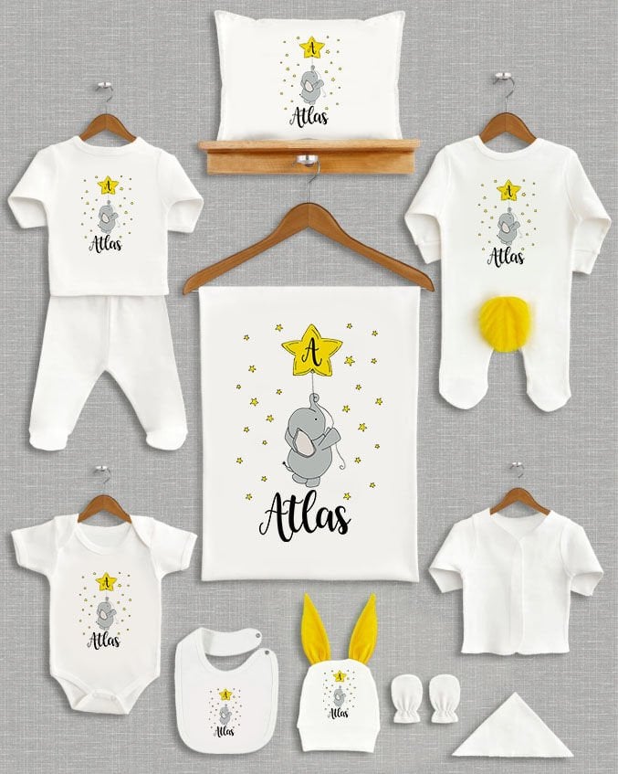 Yıldızlı Fil Tasarımı Sarı Ponponlu Tavşan Kulaklı 11'li Organik Hastane Çıkışı