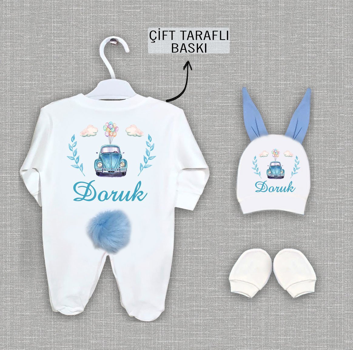 Ponponlu Tavşan Tulum Şapka Eldiven Seti