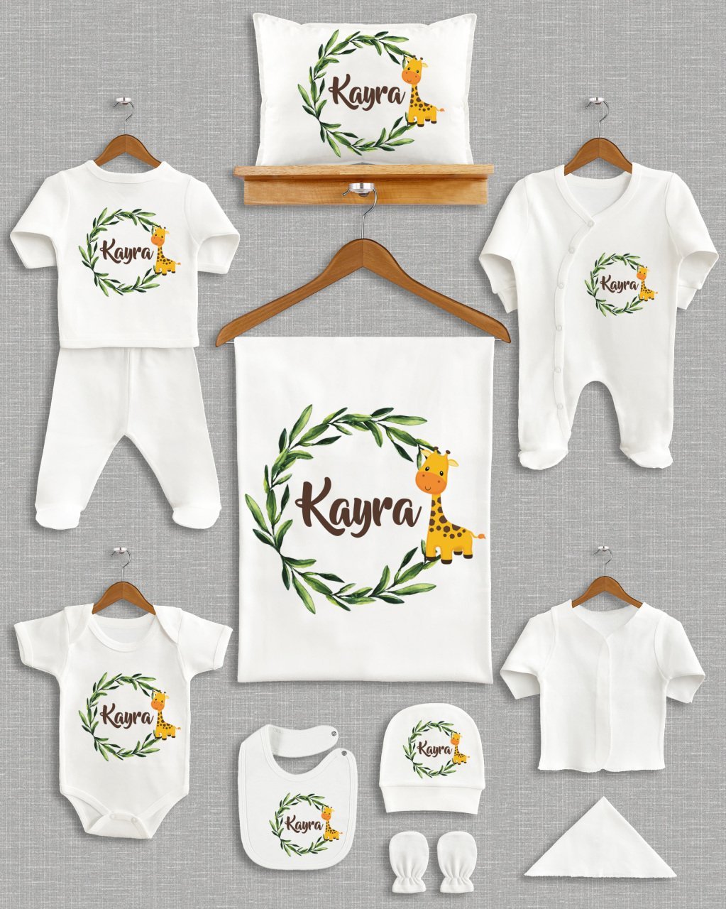 Yeşil Yapraklı Sevimli Zürafa Tasarımı 11'li Organik  Hastane Çıkışı