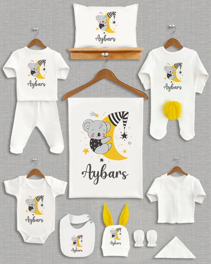 Sevimli Koala Tasarımı Sarı Ponponlu Tavşan Kulaklı 11'li Organik Hastane Çıkışı