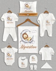 Ay Üzerinde Uyuyan Sevimli Aslan Tasarımı 11'li Organik  Hastane Çıkışı