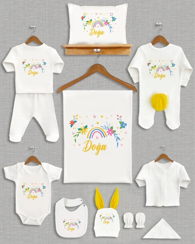 Çiçekli Gökkuşağı Tasarımı Sarı Ponponlu Tavşan Kulaklı 11'li Organik Hastane Çıkışı