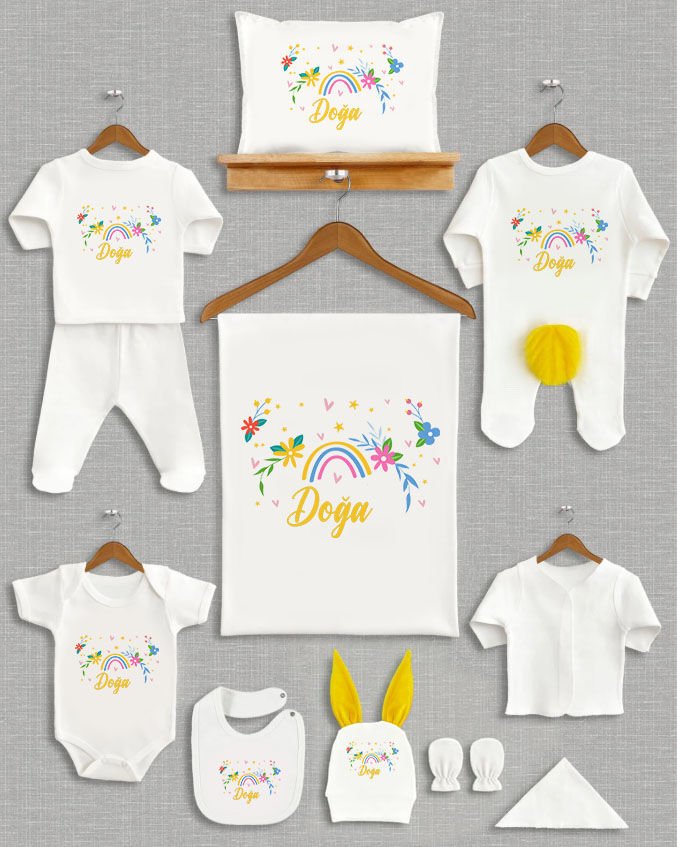 Çiçekli Gökkuşağı Tasarımı Sarı Ponponlu Tavşan Kulaklı 11'li Organik Hastane Çıkışı