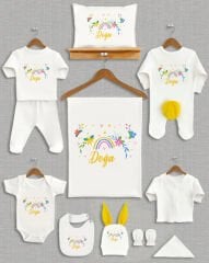 Çiçekli Gökkuşağı Tasarımı Sarı Ponponlu Tavşan Kulaklı 11'li Organik Hastane Çıkışı